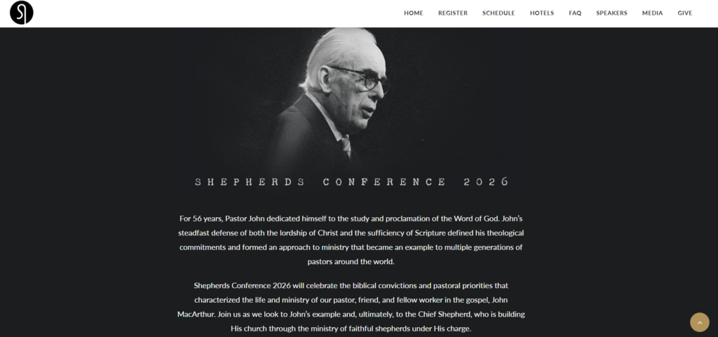 Shepherds Conference 2026 event page honoring John MacArthur.