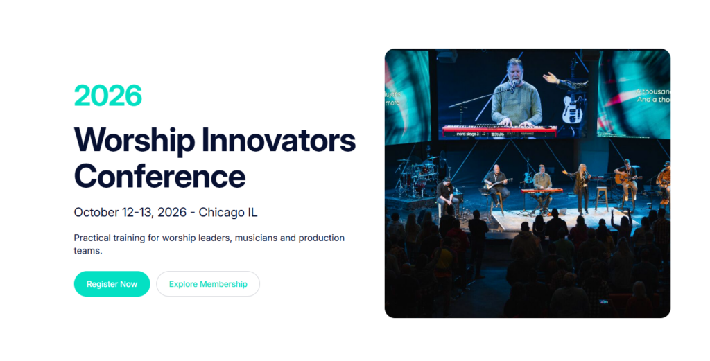 Worship Innovators Conference 2026 event banner showing conference details for October 12–13 in Chicago, IL, with a worship band performing on stage and registration buttons