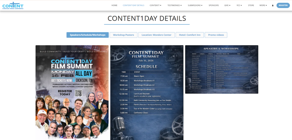 The landing page of the CONTENT1Day church media conference