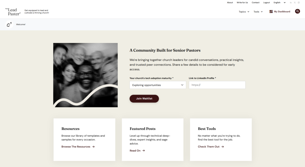 Screenshot della dashboard dell'abbonamento a The Lead Pastor's