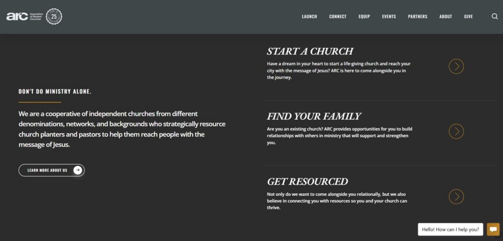 Screenshot della pagina web dell'Association of Related Churches (ARC)
