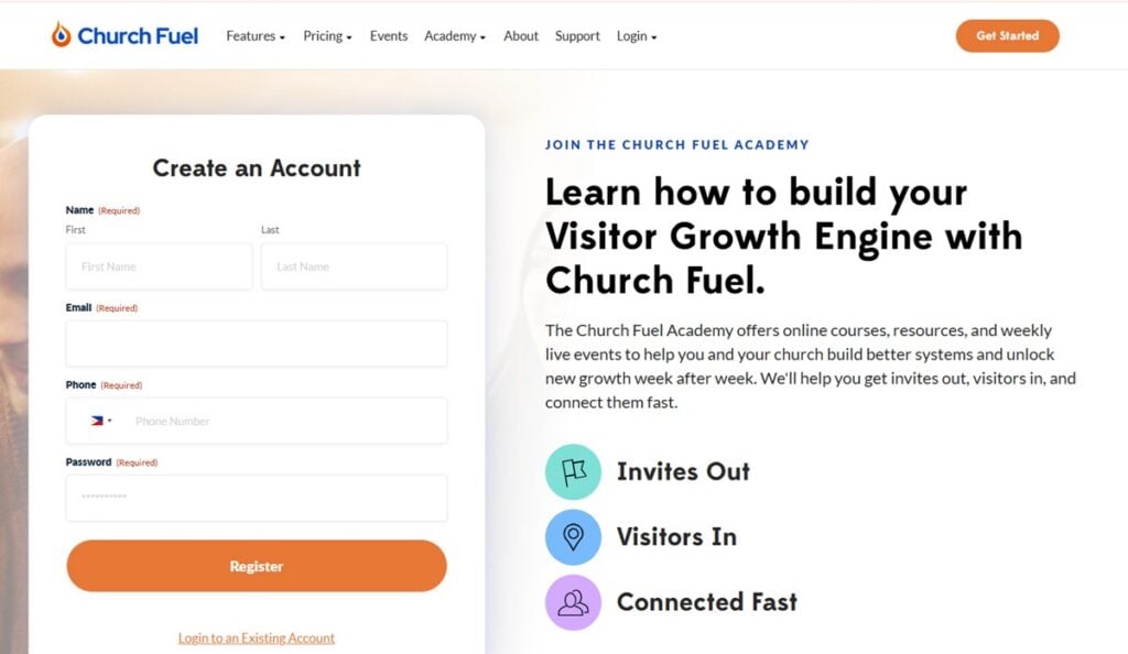 La pagina di iscrizione alla comunità Church Fuel