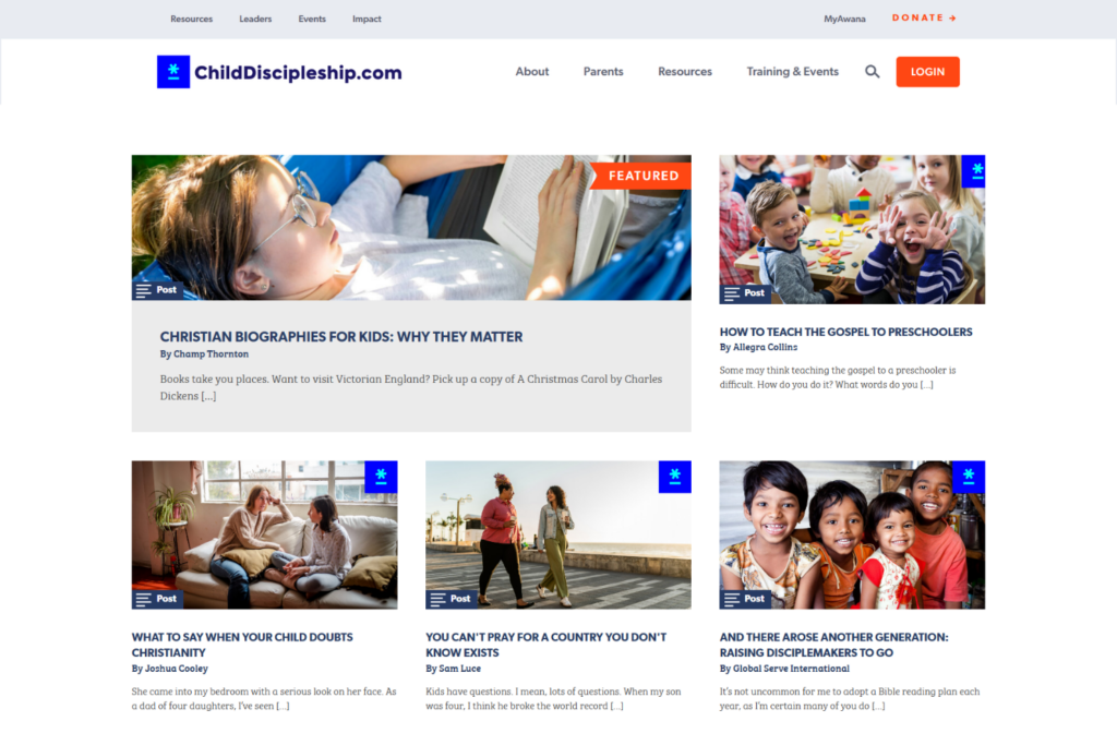 Child Discipleship page featuring articles on faith, parenting, and teaching children