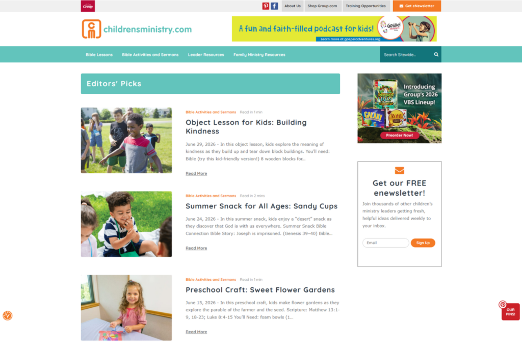 Sitio web de Children's Ministry que muestra ideas de lecciones, manualidades y registro por correo electrónico