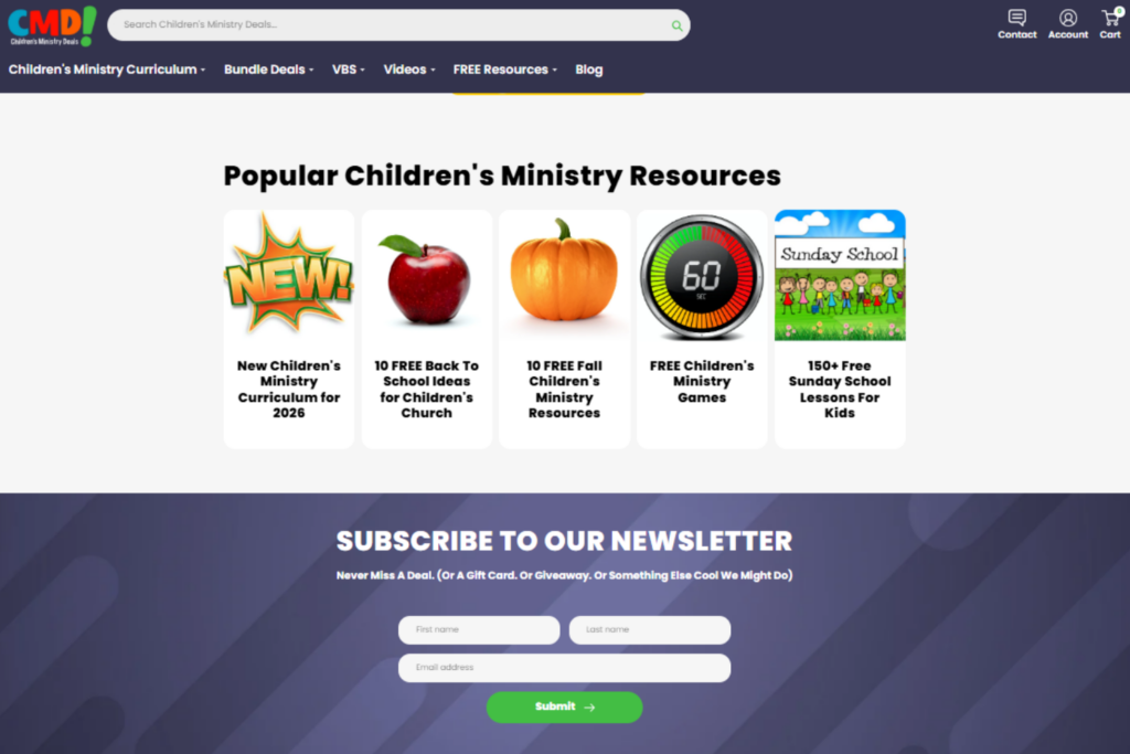 CMD page featuring curriculum, games, and Sunday school materials