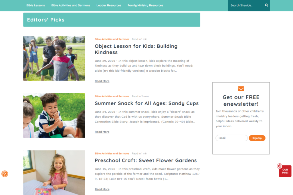 Children's Ministry page featuring Bible activities, crafts, and lesson ideas.