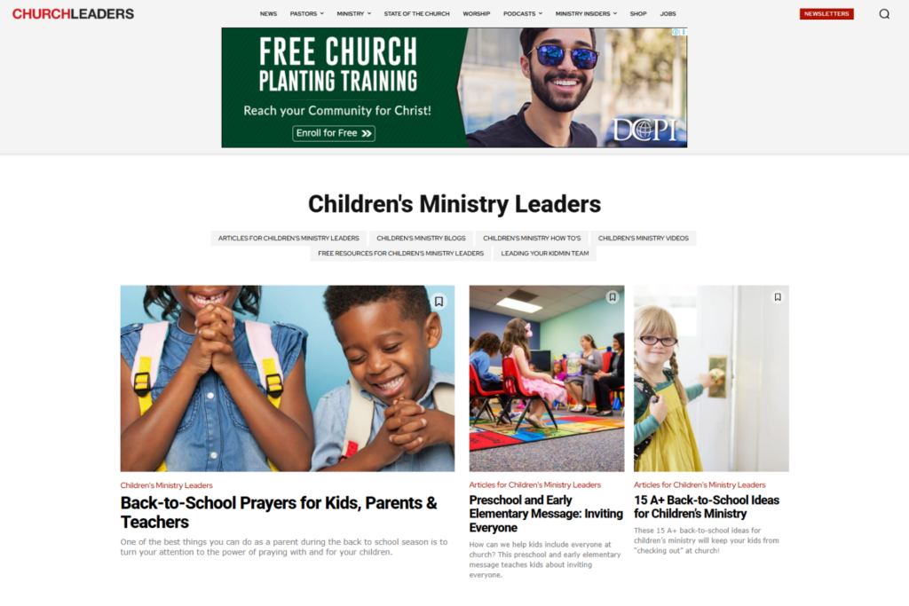 ChurchLeaders page showing prayers, preschool messages, and back-to-school activities