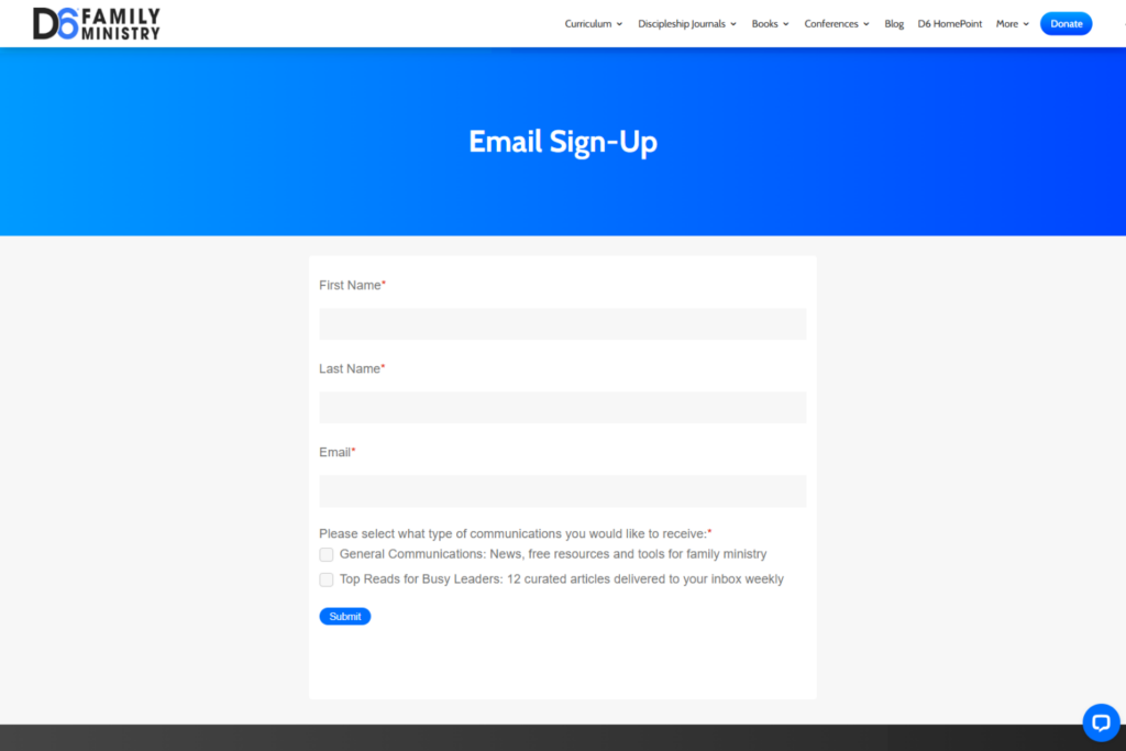 D6 Family Ministry email signup with communication options for leaders