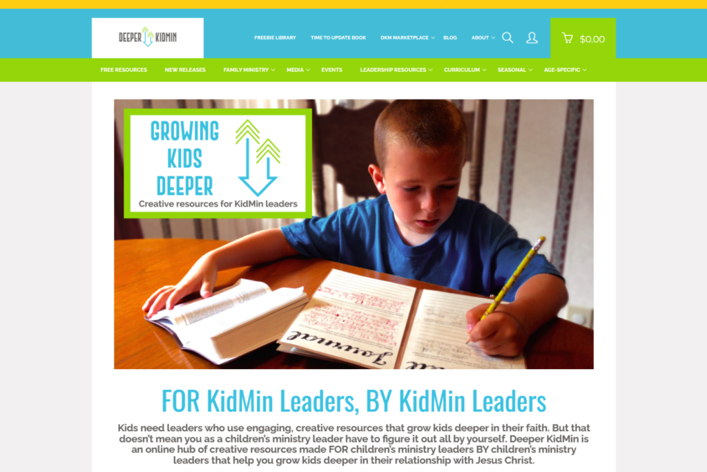 Deeper KidMin homepage promoting creative materials for children’s ministry leaders