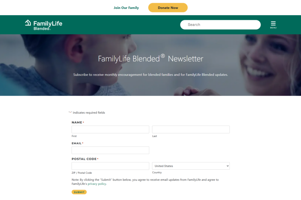 Página de suscripción al boletín de FamilyLife Blended