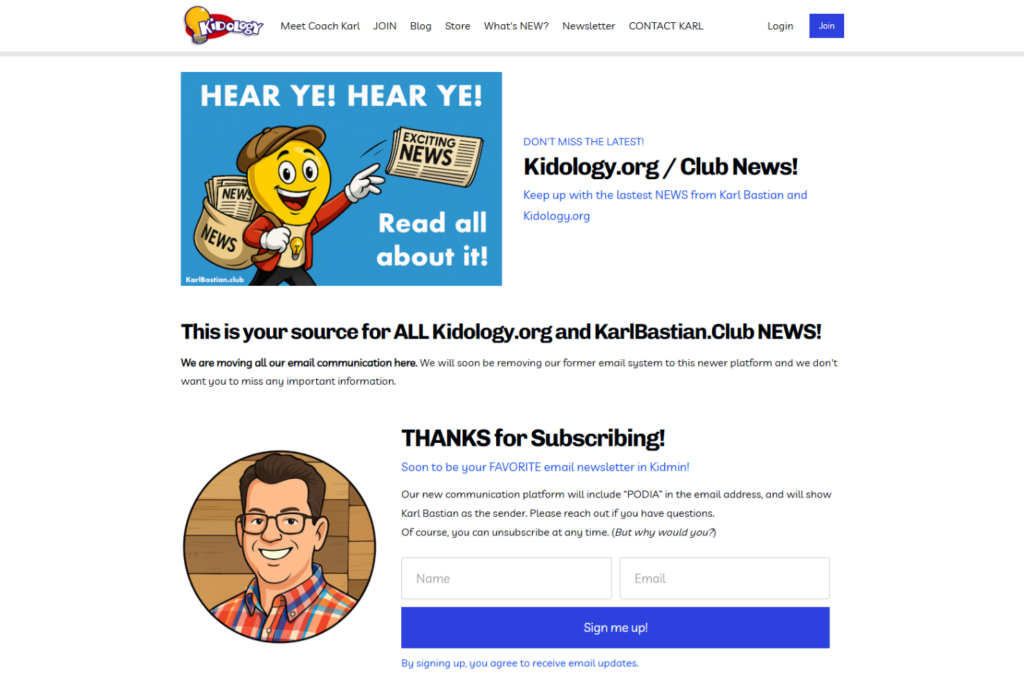 Kidology newsletter page with Kidology.org and Karl Bastian Club news
