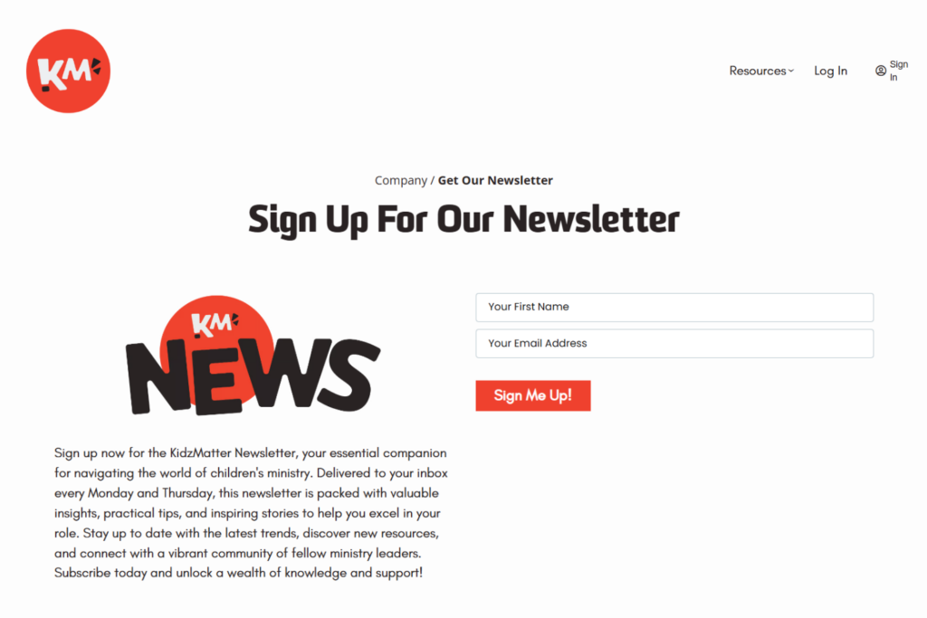 KidzMatter newsletter signup page