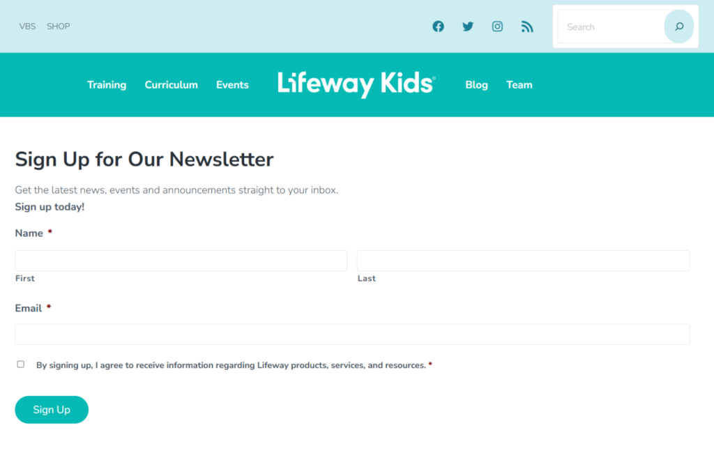Lifeway Kids newsletter signup page