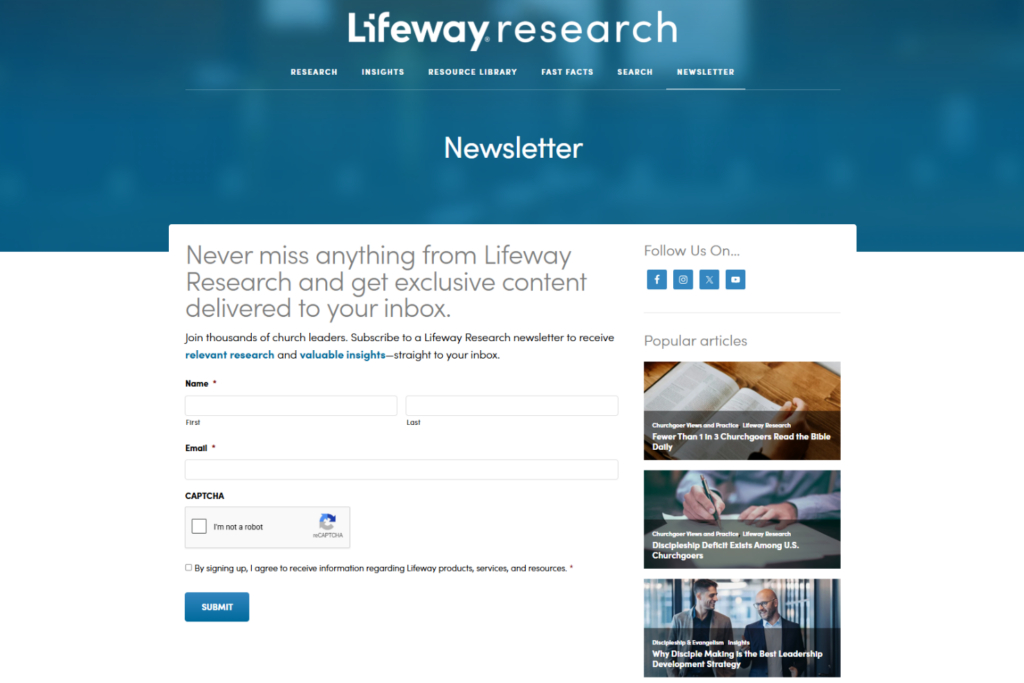 Anmeldung für den Lifeway-Research-Newsletter mit Erkenntnissen zur Gemeindeleitung