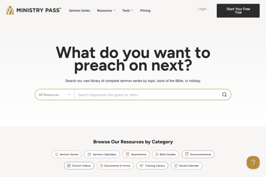 Sitio web de Ministry Pass que muestra series de sermones y materiales pastorales con función de búsqueda