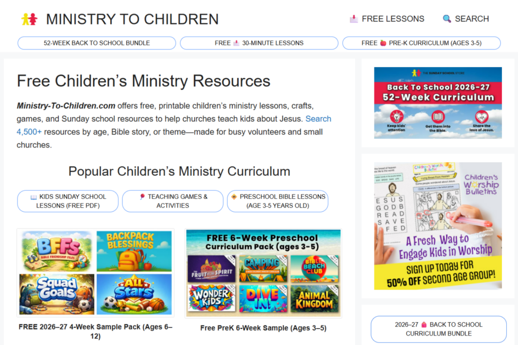 Página de Ministry-To-Children que muestra lecciones imprimibles, juegos y planes de estudio