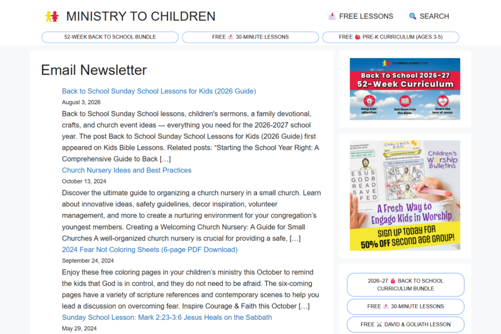 Ministry-To-Children email page displaying Sunday school content and children's activities