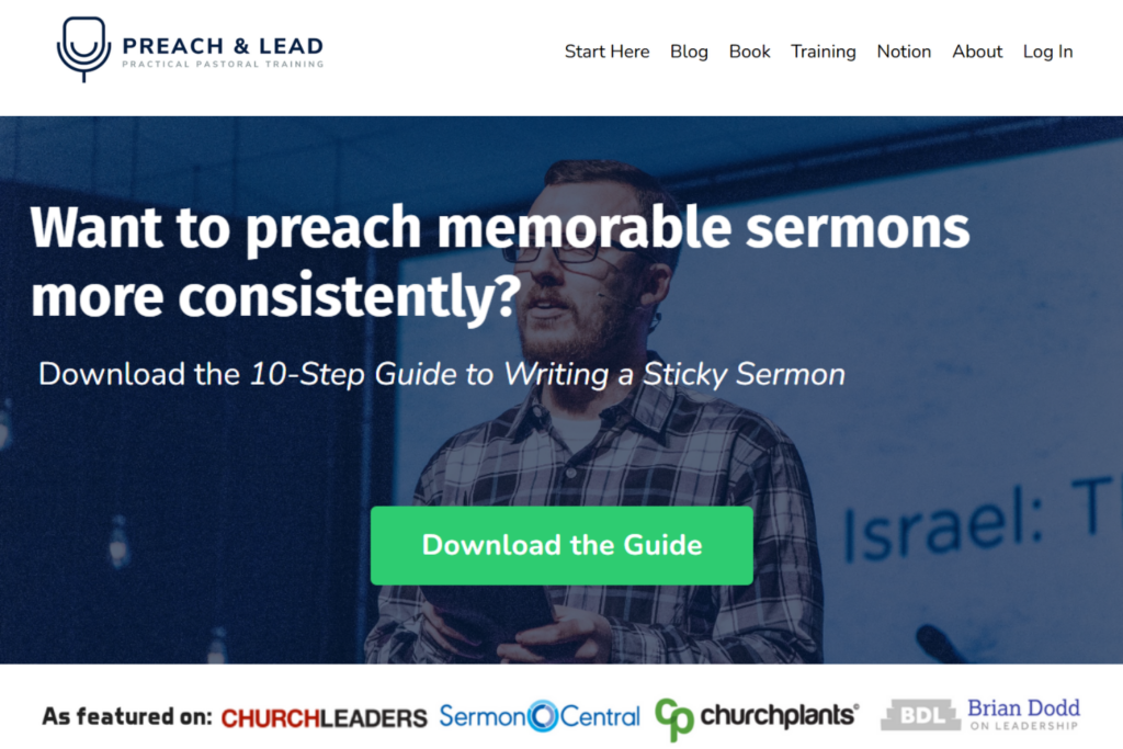 Preach-and-Lead-Seite mit einem 10-Schritte-Leitfaden zum Schreiben einprägsamer Predigten