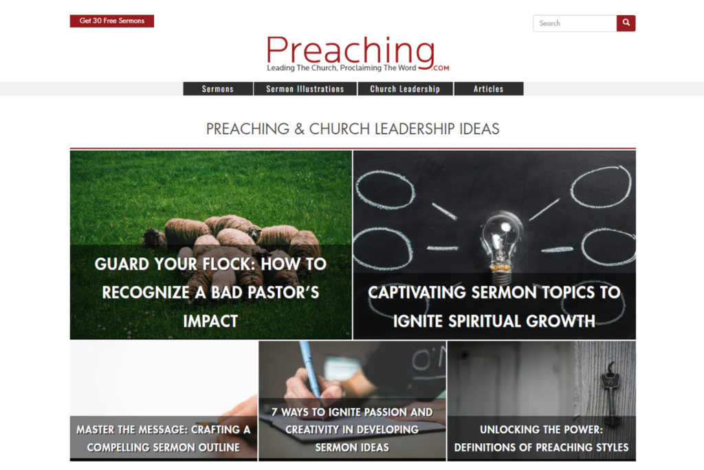 Preaching.com-Seite mit Predigtthemen, Gliederungen und Ideen zur Gemeindeleitung