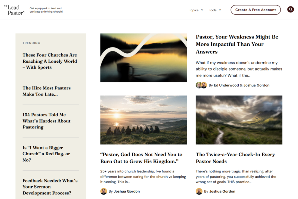 TLP page featuring church leadership articles and pastoral advice