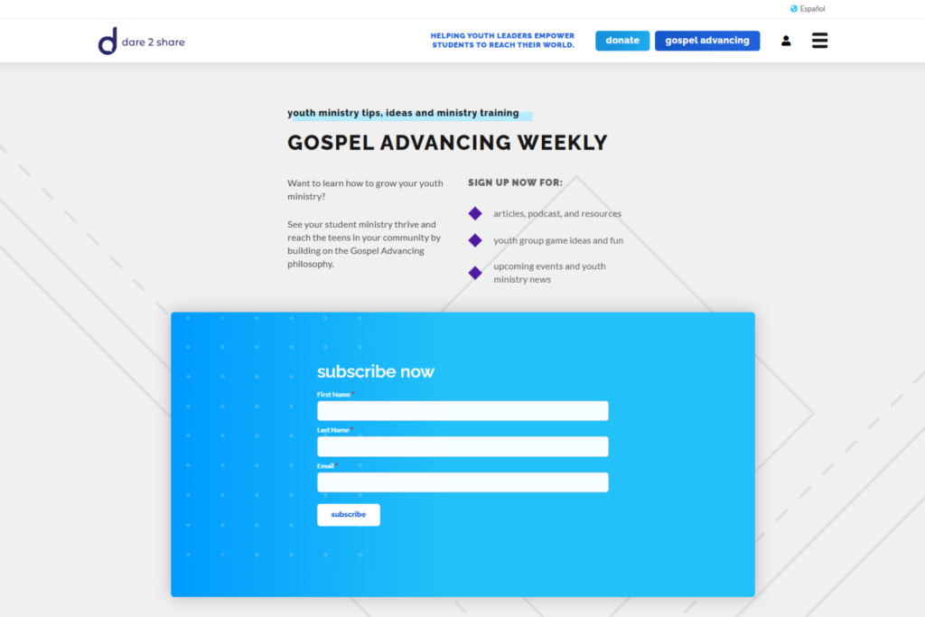 Gospel Advancing Weekly sign-up page for youth leaders