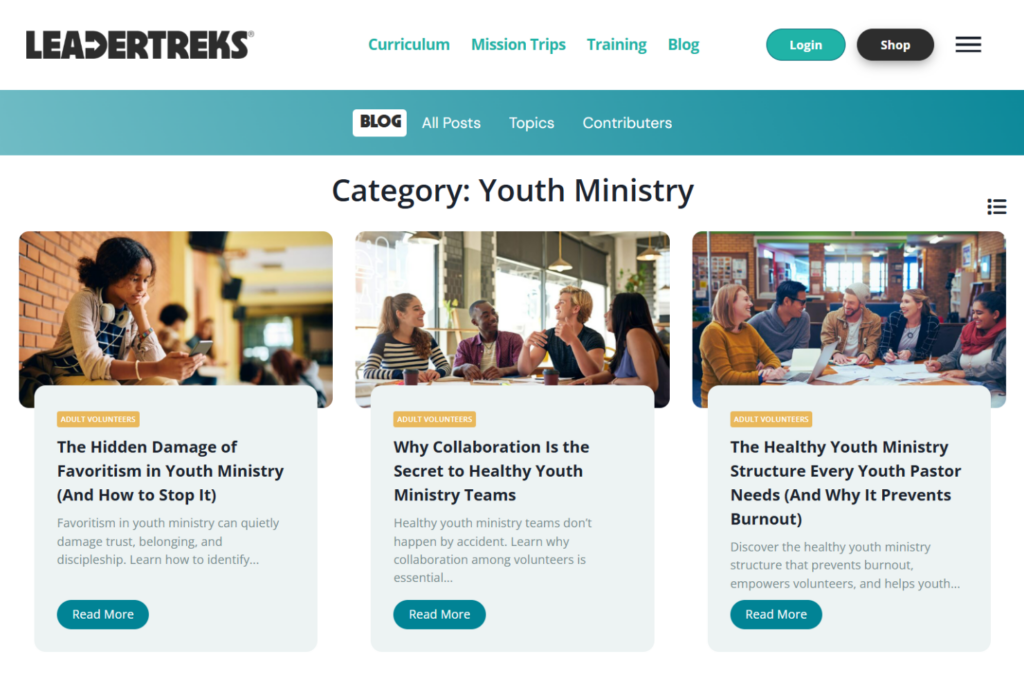LeaderTreks page showing articles for youth ministry teams