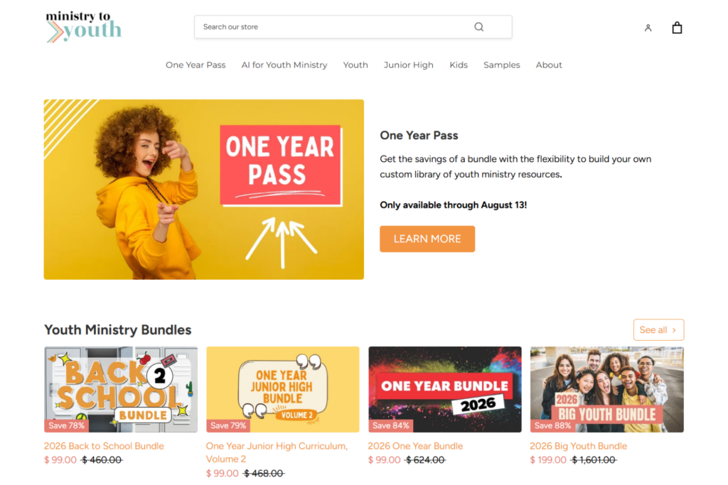 Ministry to Youth site featuring lesson bundles and curriculum
