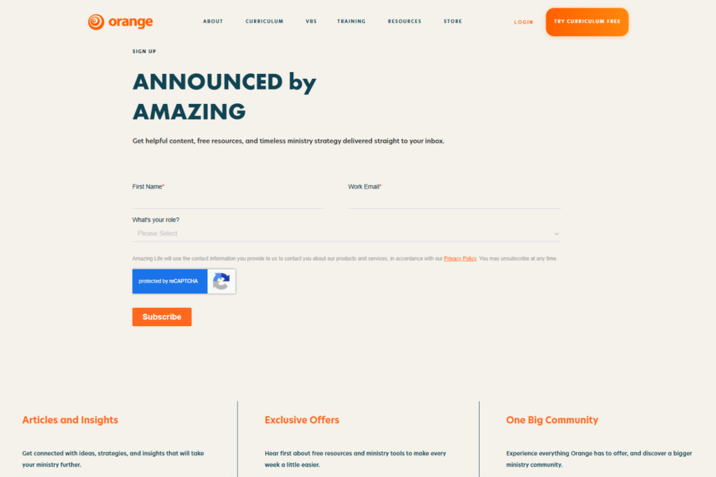 Think Orange signup page highlighting ministry content and strategies