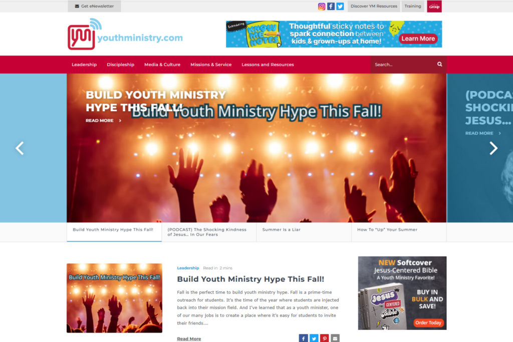 YouthMinistry.com page featuring articles for youth leaders