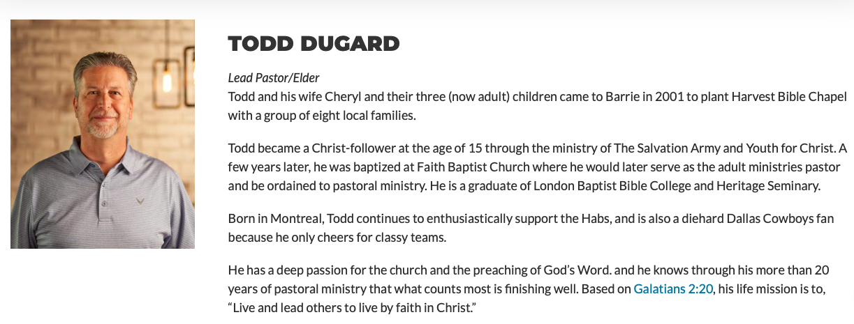 Pastor Todd Duggard bio screenshot