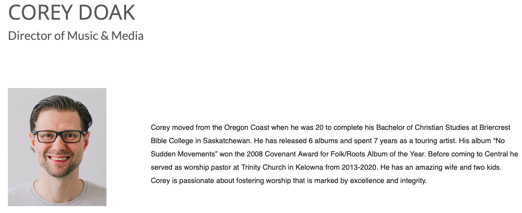 Corey Doak bio screenshot