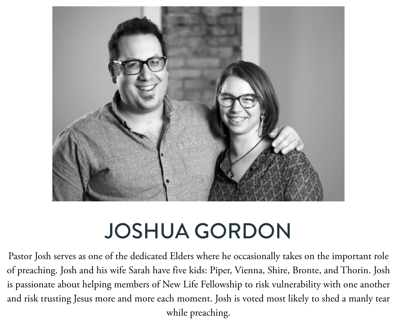 Pastor Joshua Gordon bio screenshot