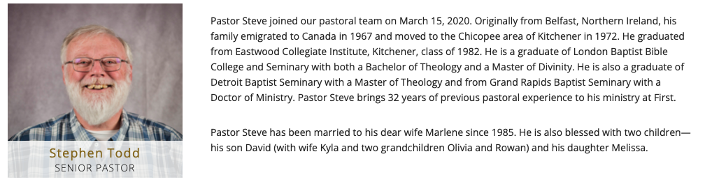 Pastor Stephen Todd bio screenshot