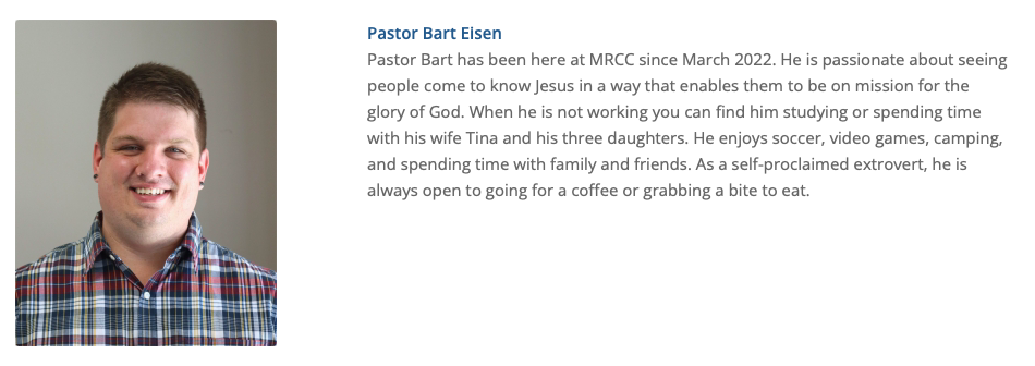Pastor Bart Eisen bio screenshot