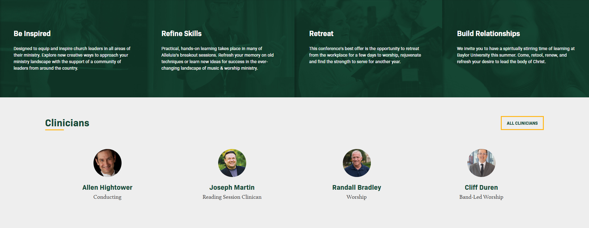 Alleluia Conference 2026 clinicians section with speaker photos.