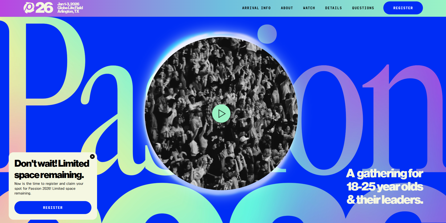 Passion 2026 conference landing page hero section.