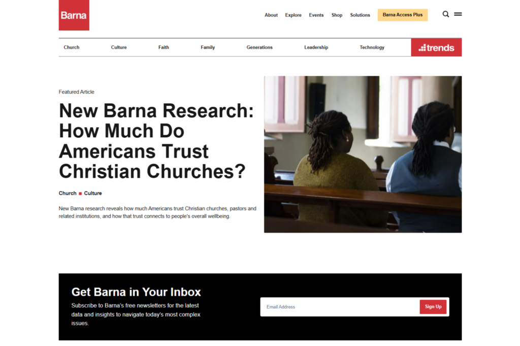 Website van Barna Group met nieuw onderzoek naar het vertrouwen van Amerikanen in christelijke kerken