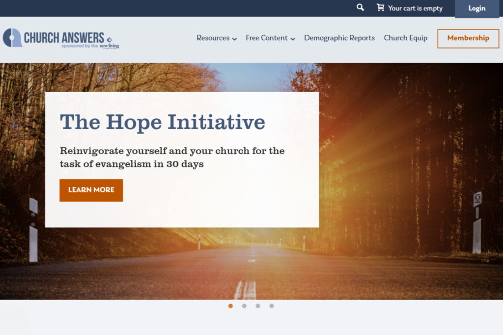 Homepage van Church Answers met The Hope Initiative voor evangelisatie in kerken
