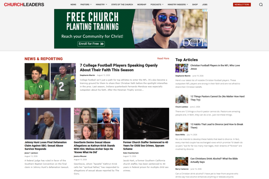 ChurchLeaders-website met kerknieuws, verhalen uit de bediening en populaire artikelen