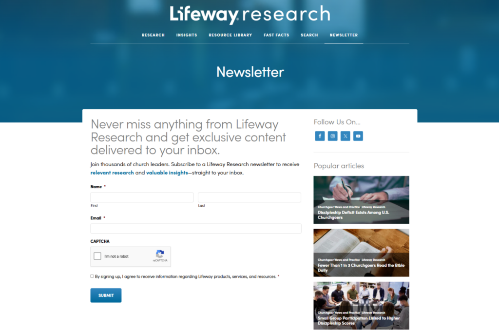 Aanmeldpagina voor de nieuwsbrief van Lifeway Research met onderzoek en inzichten over kerken