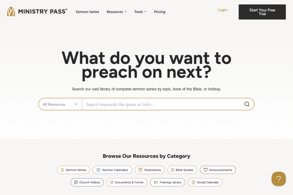 Startpagina van Ministry Pass met een doorzoekbare bibliotheek met preek- en kerkelijke bronnen