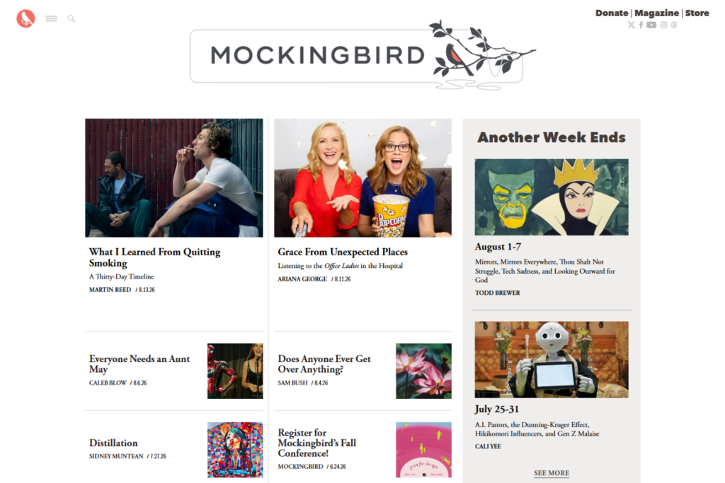 Homepage van Mockingbird met essays over geloof, cultuur en het dagelijks leven