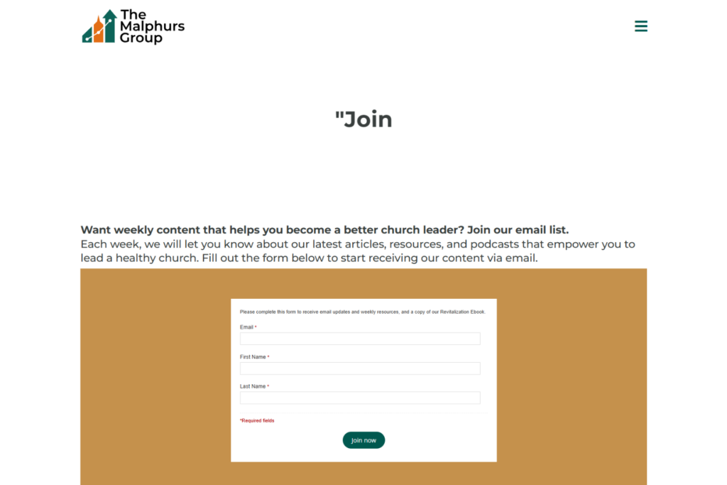 Aanmeldingspagina van The Malphurs Group voor inhoud over kerkleiderschap