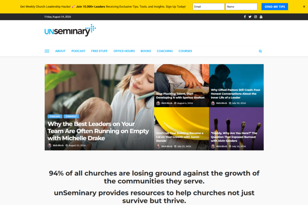 Homepage van unSeminary met artikelen, podcasts en hulpmiddelen voor kerkleiders