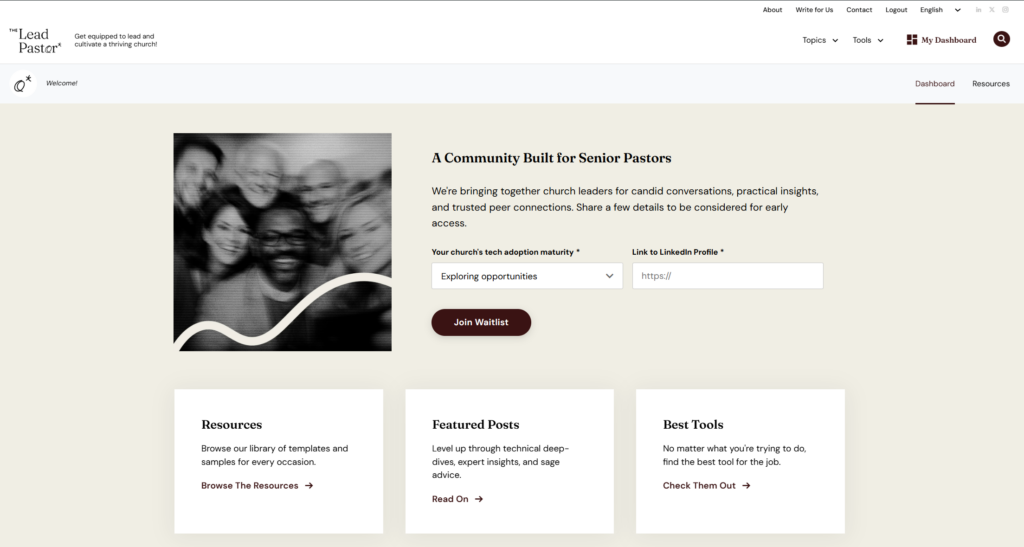 The Lead Pastor Community dashboard.