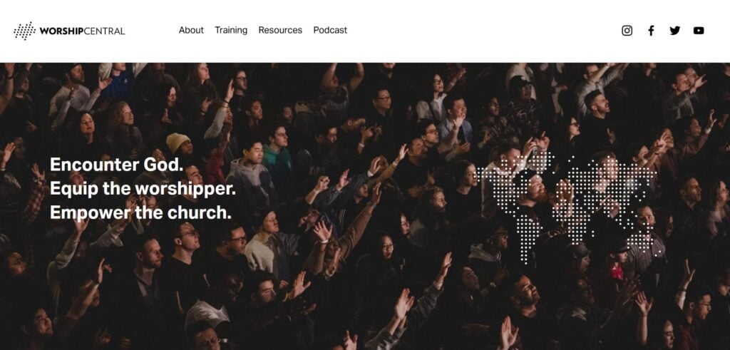 Landing page screenshot of the Worship Central