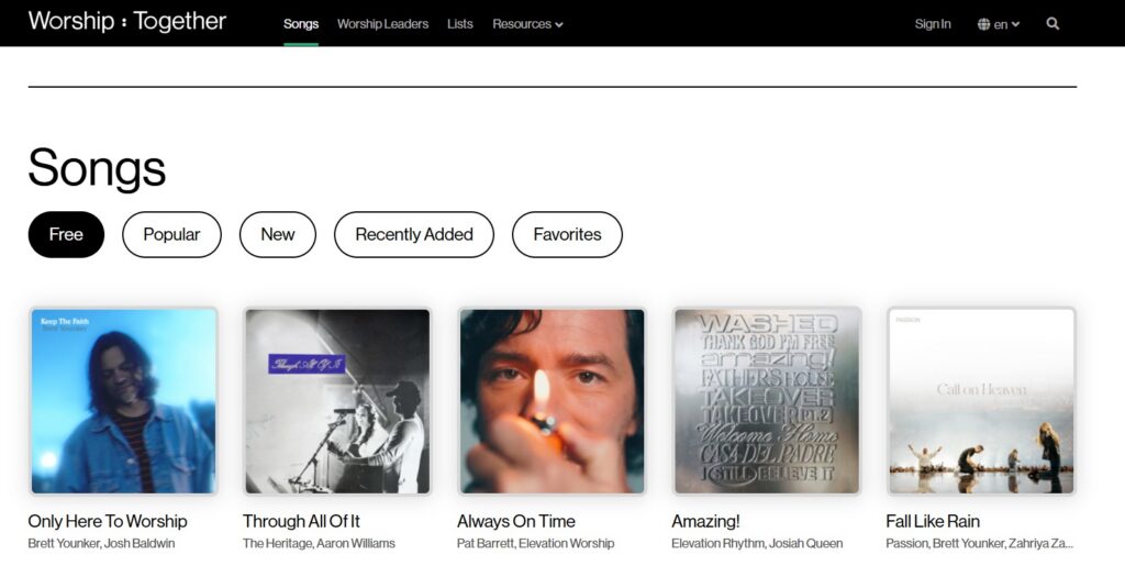 The "Songs" landing page of Worship Together