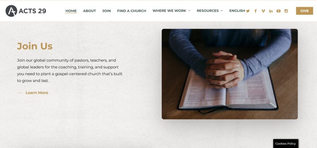 The "Join Us" page of Acts 29 church network
