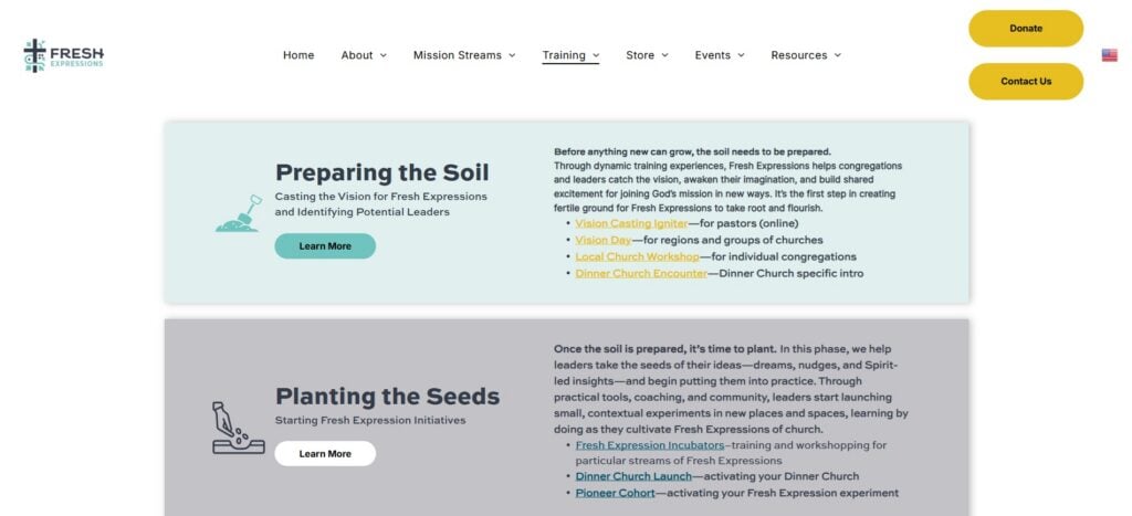 Screenshot of the community landing page of Fresh Expressions US