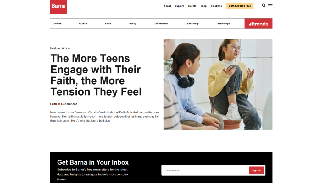 Barna homepage featuring faith research and a free newsletter sign-up